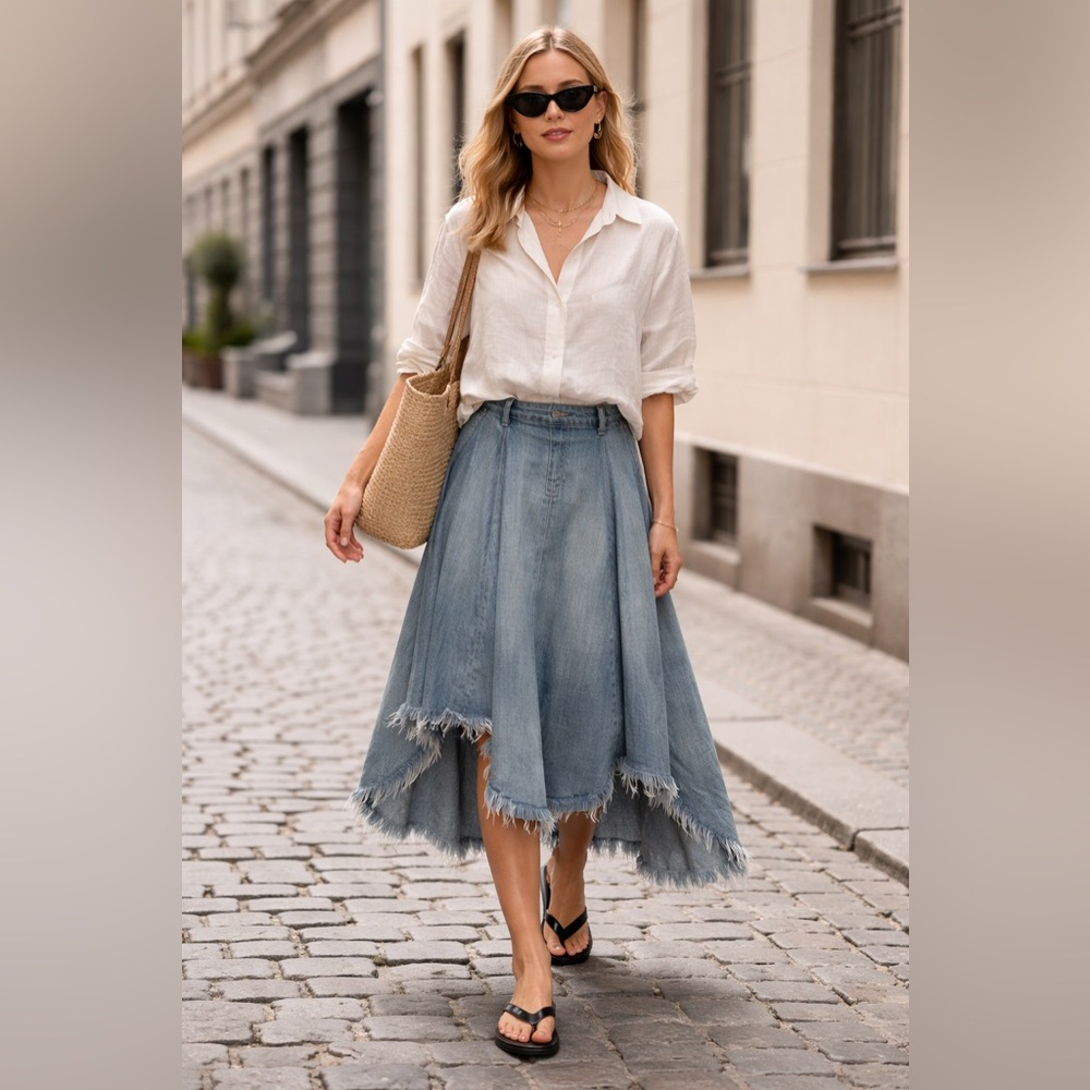 NSF Revolve Millie Asymmetrical Denim Midi Skirt Light Blue Jean Raw Hem Small